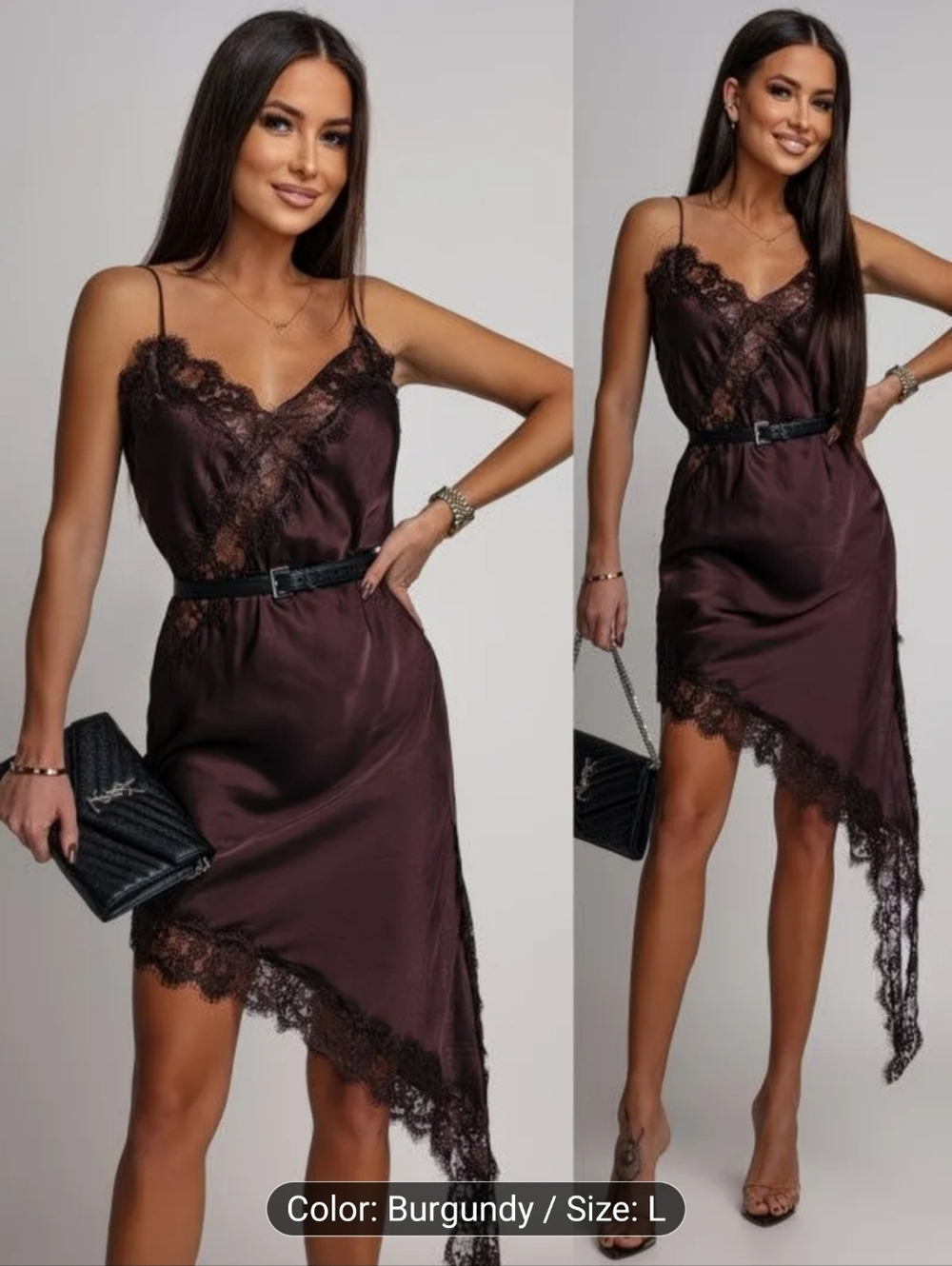 Lace Trim Satin Slip Dress in Burgundy size L (fits M) NEW without belt